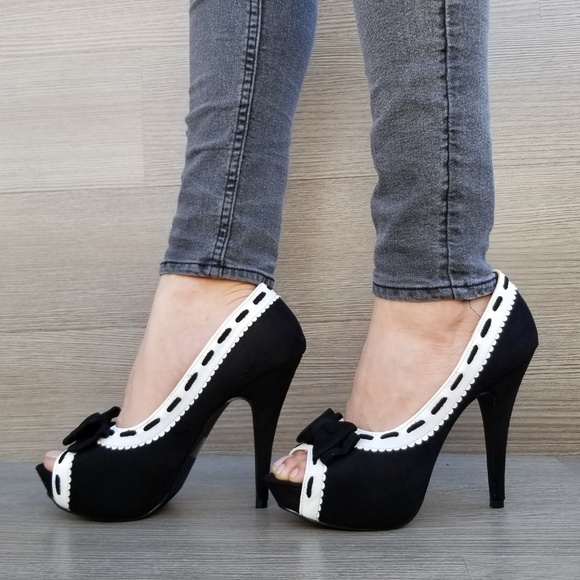 Peep Toe Pin Up Rockabilly Heels Pumps W/ Bow - Picture 7 of 8